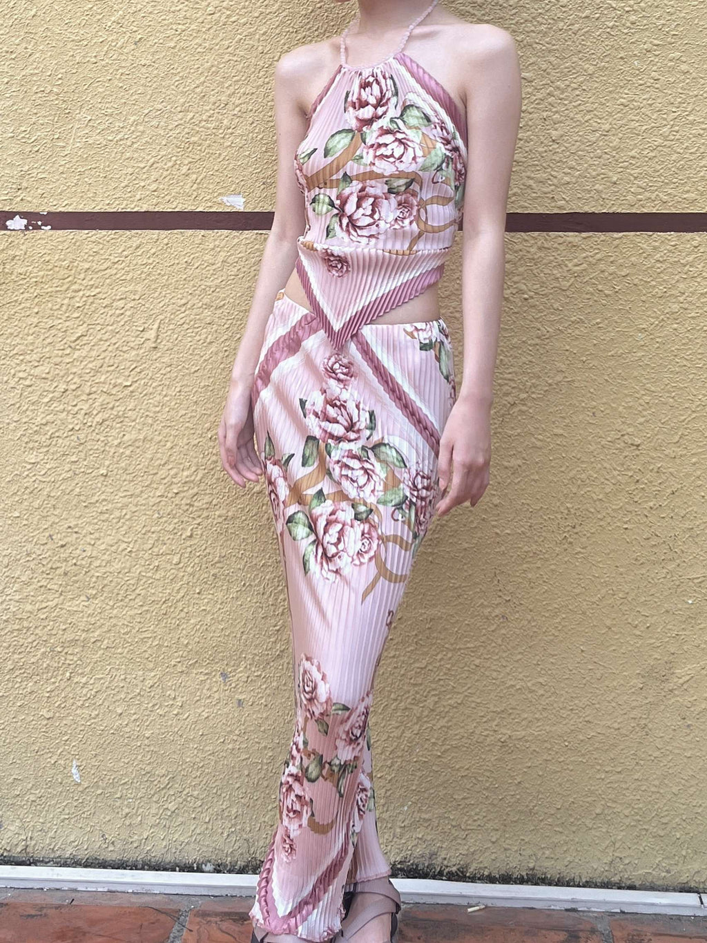 ANTIMOON_Pastel_Floral_Pleated_V-neck_Convertible_Women's_Polyester_Matching_Skirt_Sets_788663474148_MISSTT