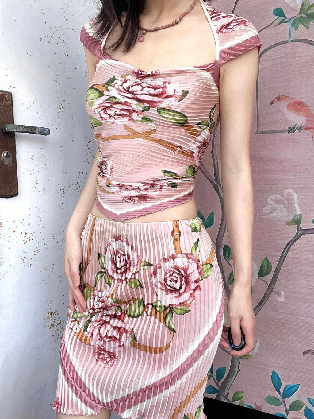 ANTIMOON Pastel Floral Pleated V-neck Convertible Women's Polyester Matching Skirt Sets
