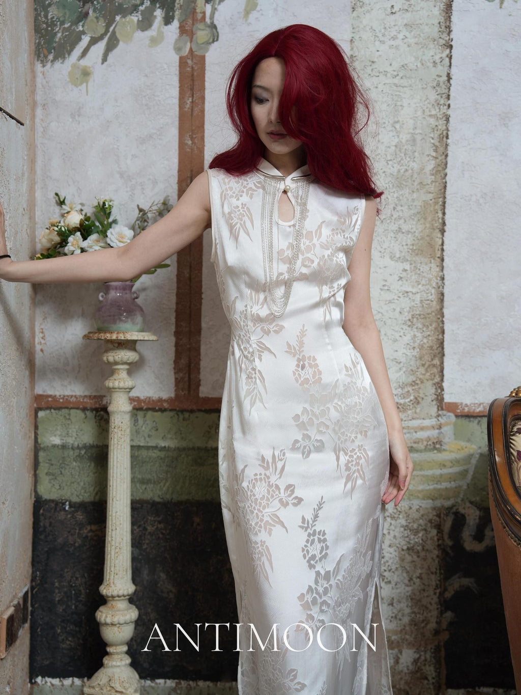 ANTIMOON Pearl Cutwork Jacquard Slim Sleeveless Women's Viscose Cheongsam Dresses