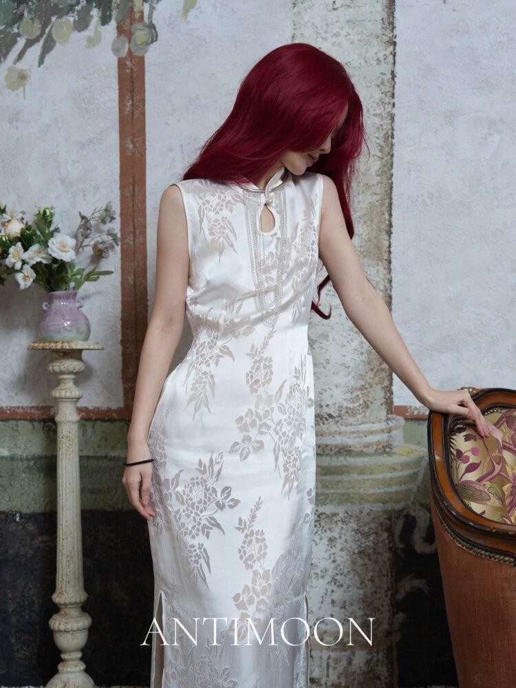 ANTIMOON Pearl Cutwork Jacquard Slim Sleeveless Women's Viscose Cheongsam Dresses