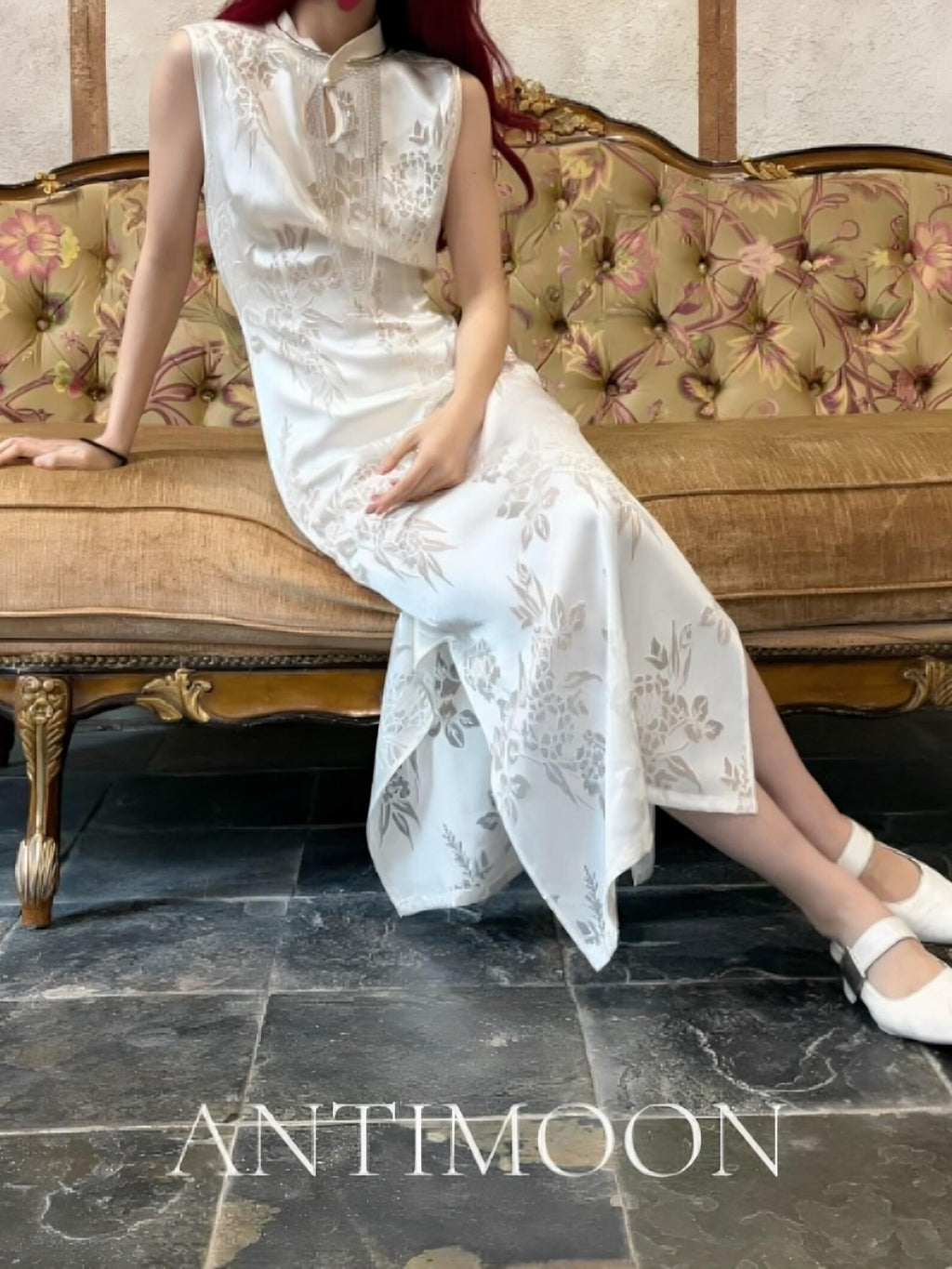 ANTIMOON Pearl Cutwork Jacquard Slim Sleeveless Women's Viscose Cheongsam Dresses