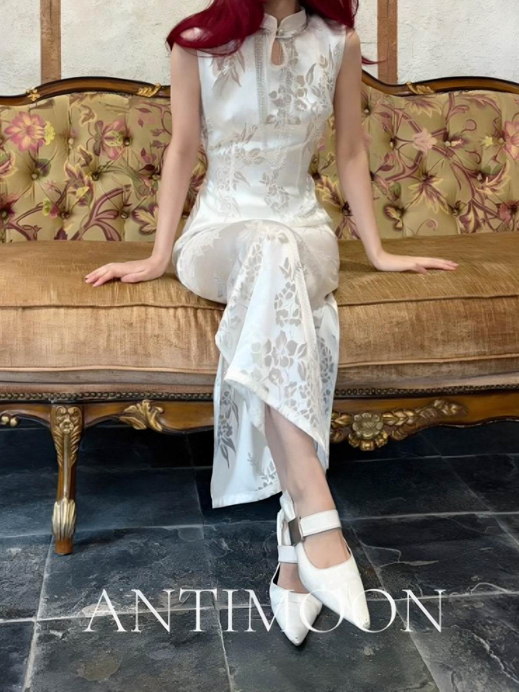 ANTIMOON Pearl Cutwork Jacquard Slim Sleeveless Women's Viscose Cheongsam Dresses