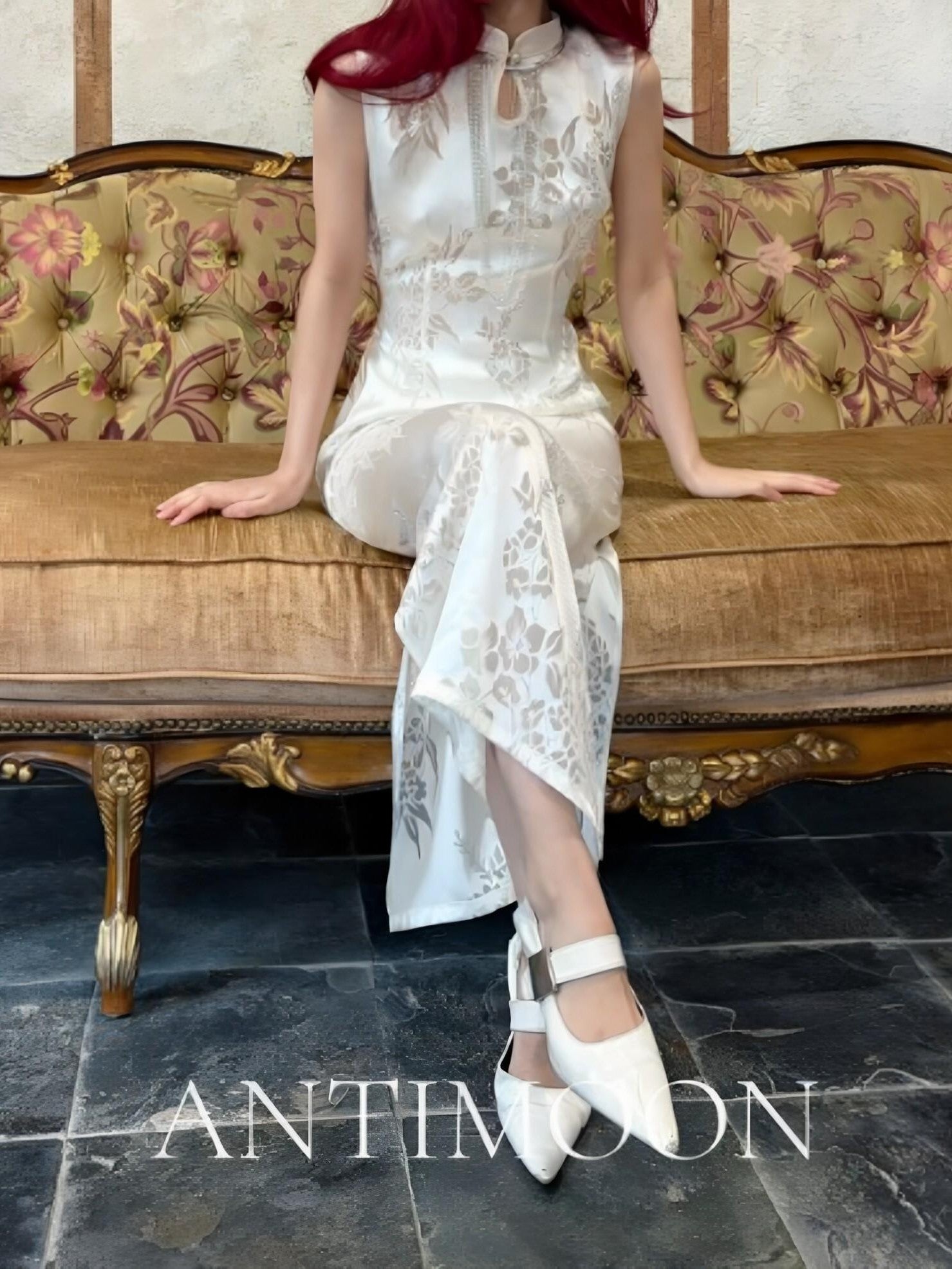 ANTIMOON Pearl Cutwork Jacquard Slim Sleeveless Women's Viscose Cheongsam Dresses
