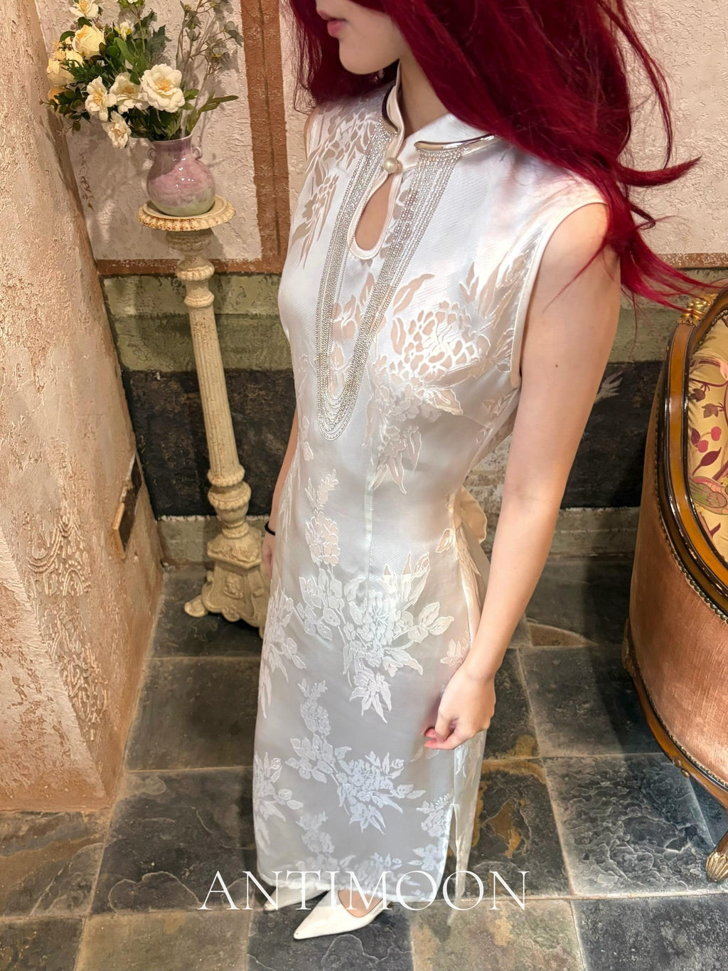 ANTIMOON Pearl Cutwork Jacquard Slim Sleeveless Women's Viscose Cheongsam Dresses