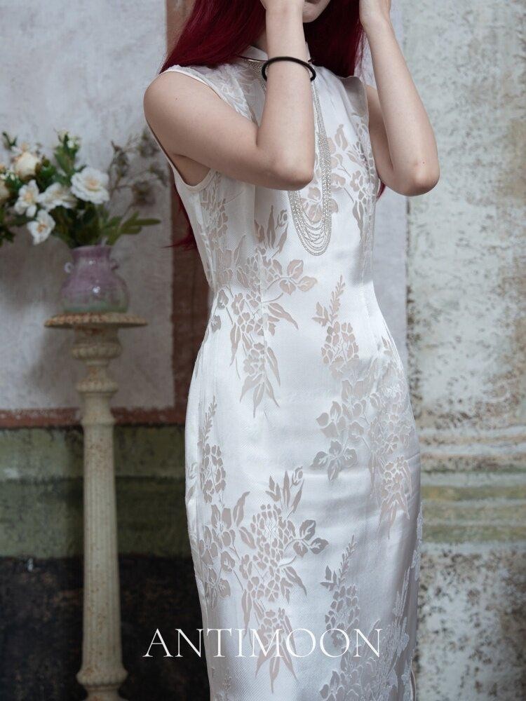 ANTIMOON Pearl Cutwork Jacquard Slim Sleeveless Women's Viscose Cheongsam Dresses