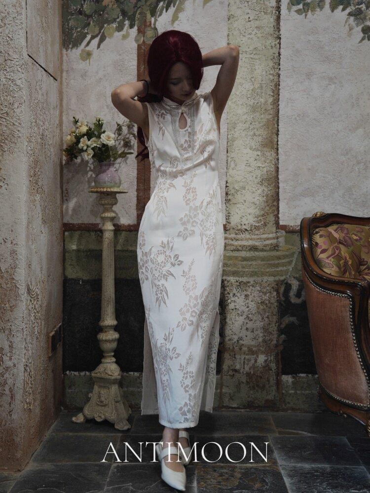 ANTIMOON Pearl Cutwork Jacquard Slim Sleeveless Women's Viscose Cheongsam Dresses