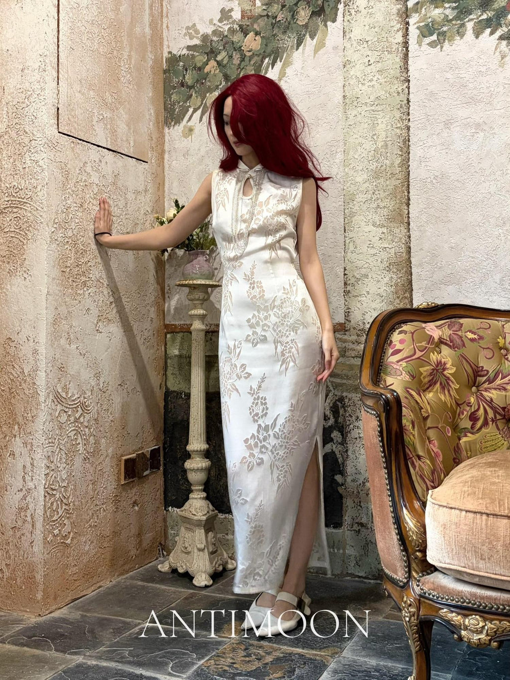 ANTIMOON Pearl Cutwork Jacquard Slim Sleeveless Women's Viscose Cheongsam Dresses