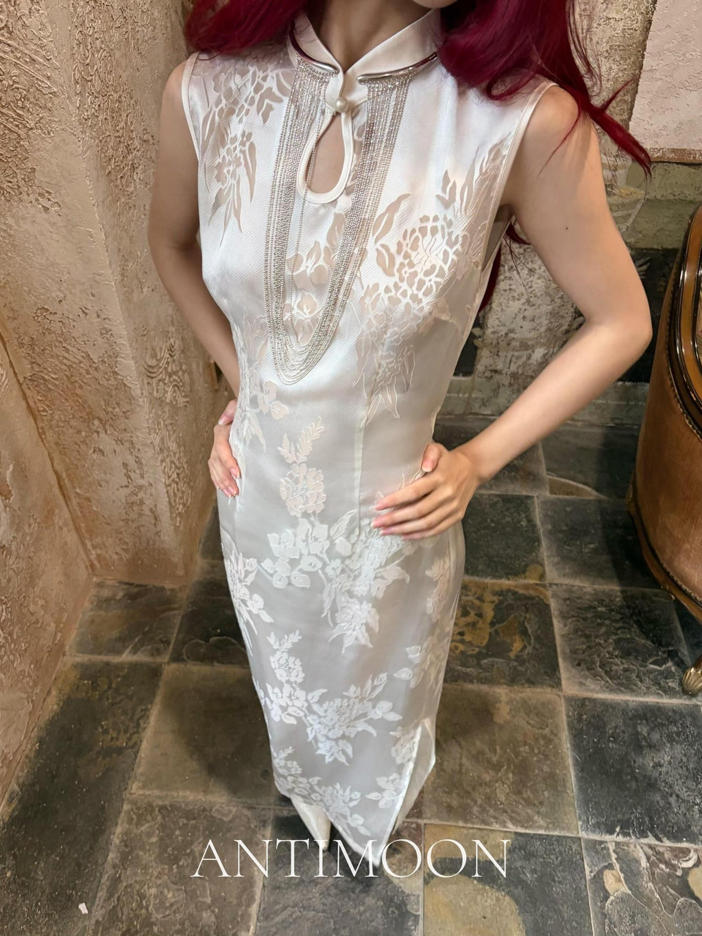 ANTIMOON Pearl Cutwork Jacquard Slim Sleeveless Women's Viscose Cheongsam Dresses