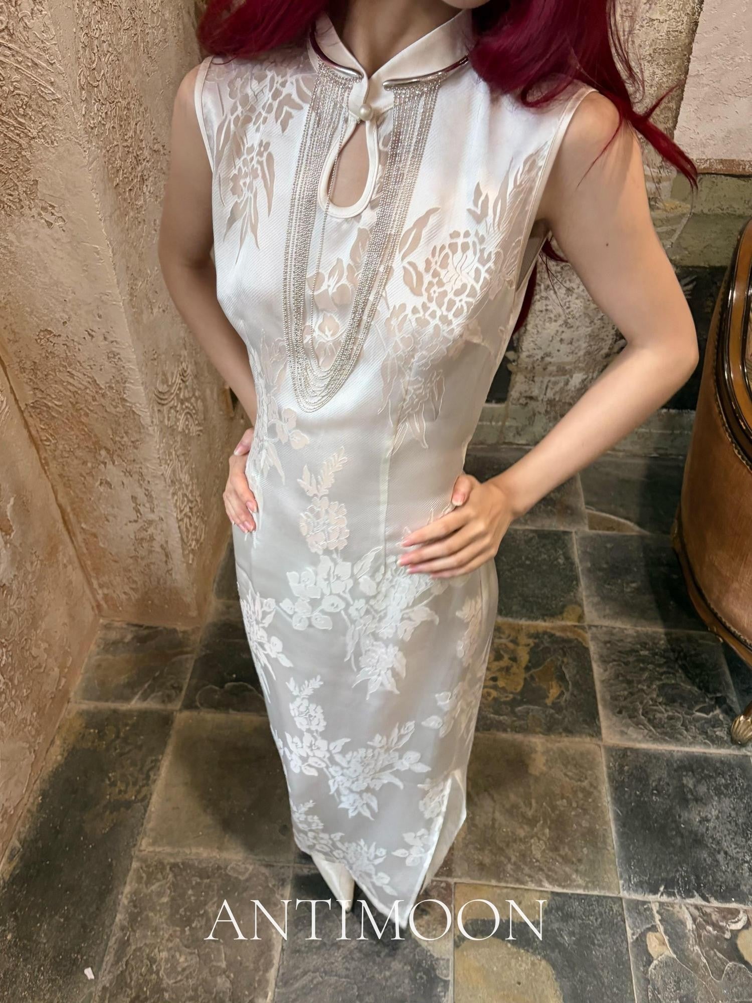 ANTIMOON Pearl Cutwork Jacquard Slim Sleeveless Women's Viscose Cheongsam Dresses