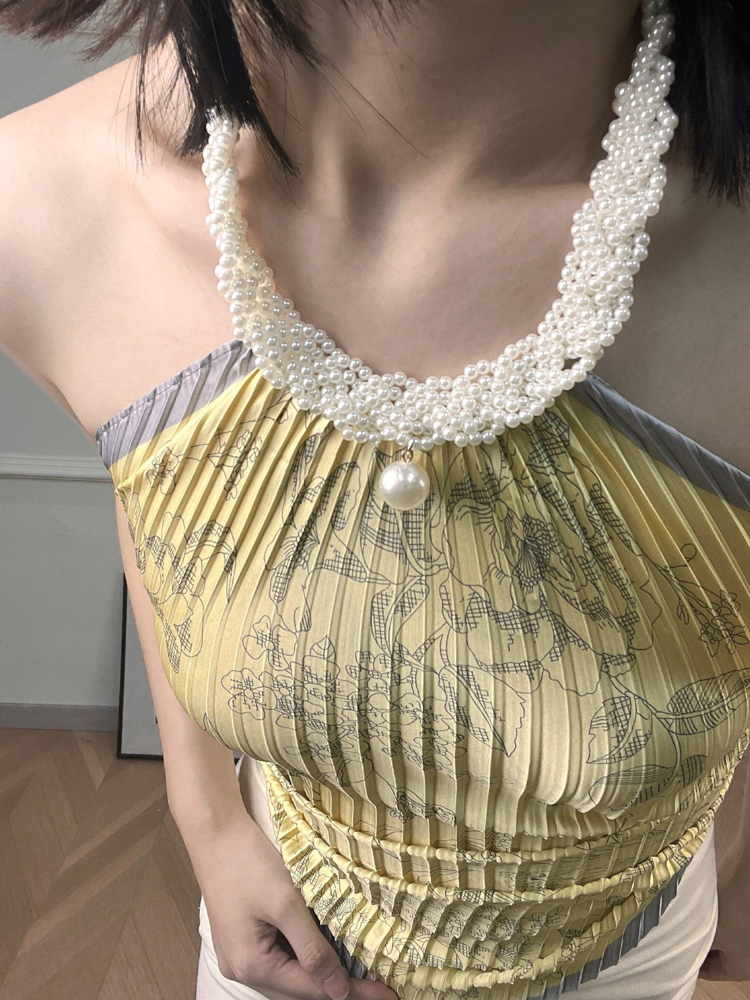 ANTIMOON Pearl Pendant Backless Ruched Printed Scarf Women's Polyester Halter Tops