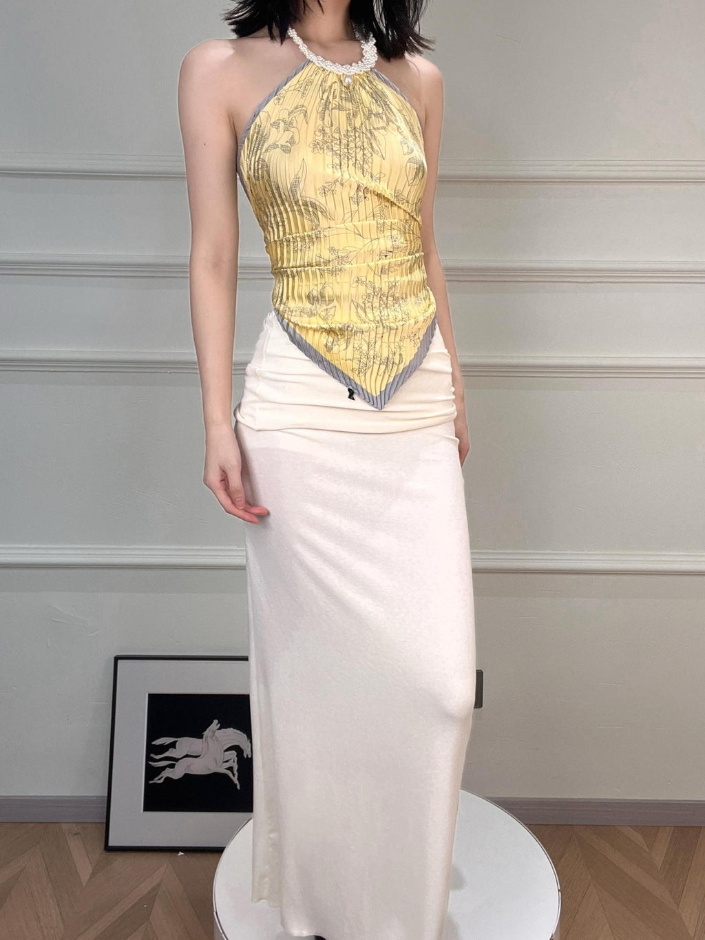 ANTIMOON Pearl Pendant Backless Ruched Printed Scarf Women's Polyester Halter Tops