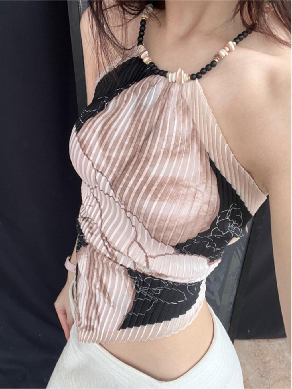 ANTIMOON Pink Black Printed Shell Bead Open Back Scarf Women's Polyester Halter Tops