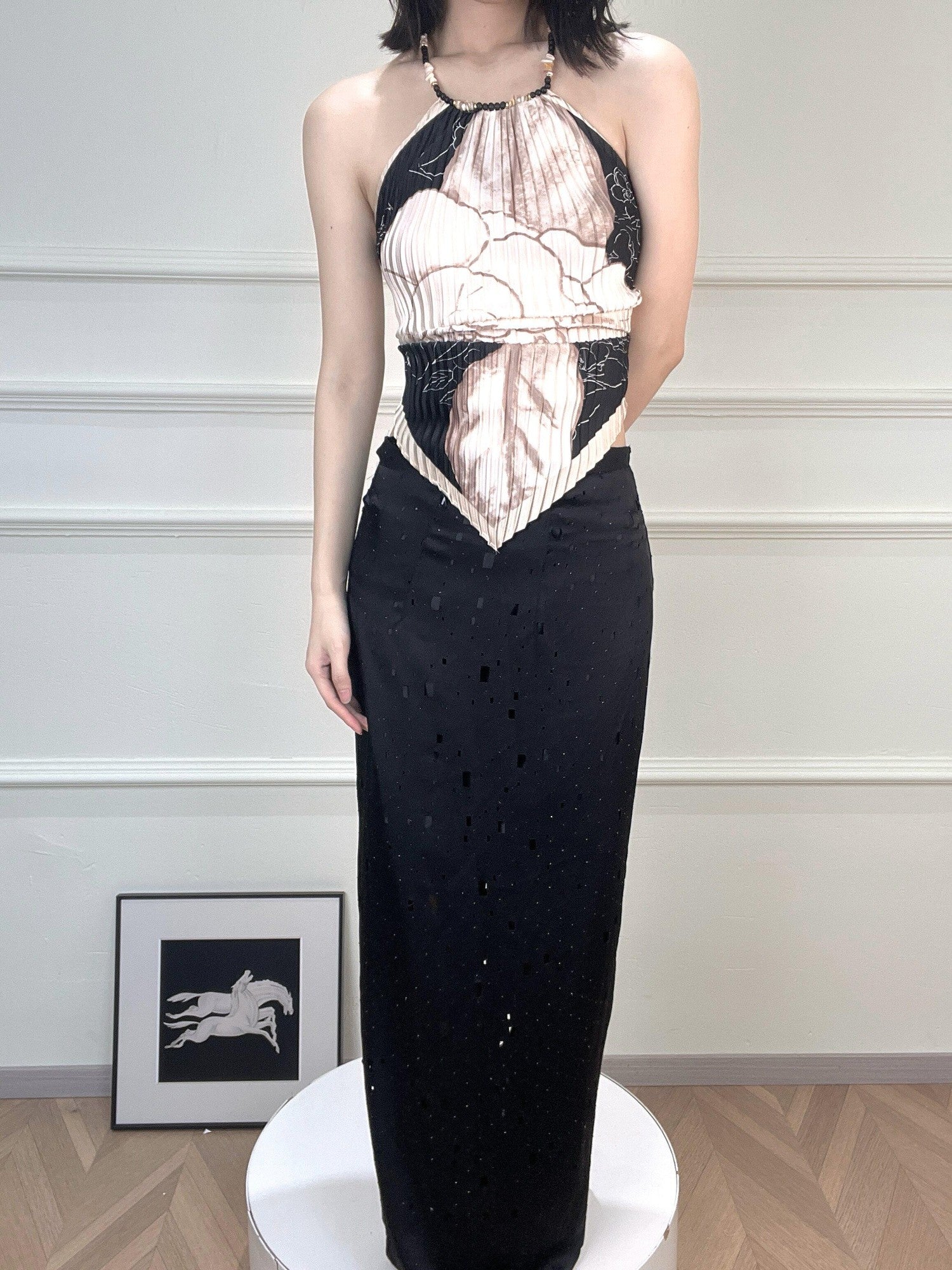 ANTIMOON Pink Black Printed Shell Bead Open Back Scarf Women's Polyester Halter Tops