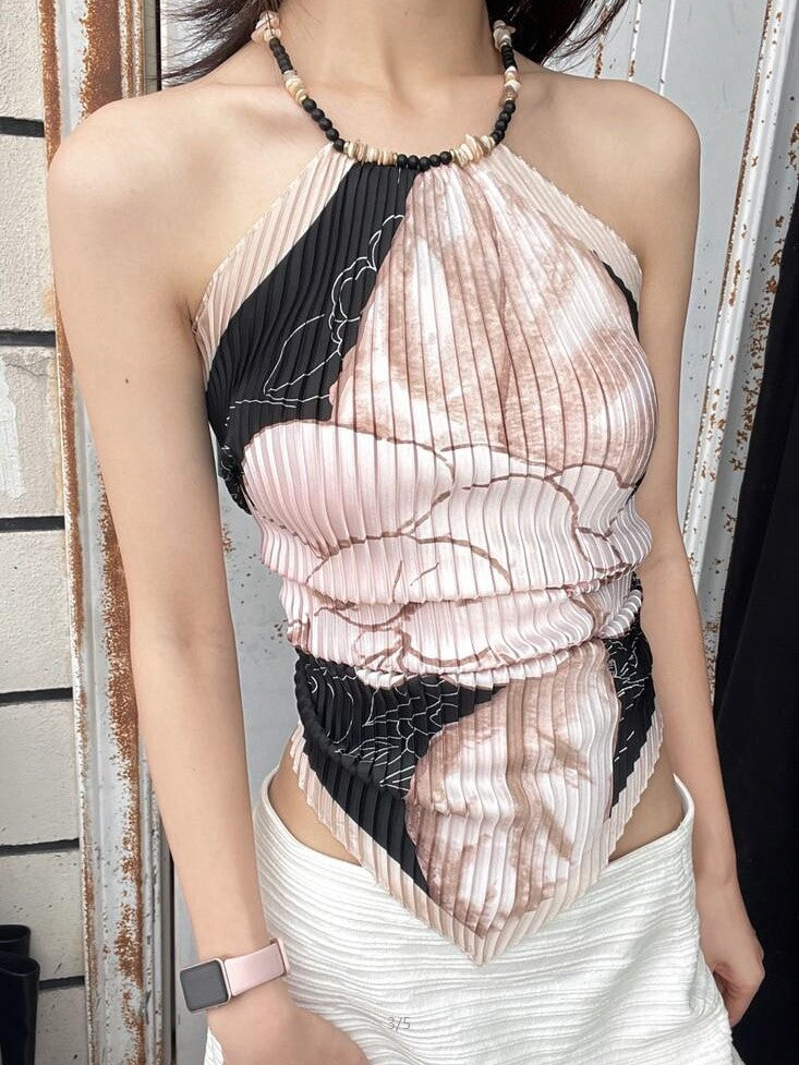 ANTIMOON Pink Black Printed Shell Bead Open Back Scarf Women's Polyester Halter Tops