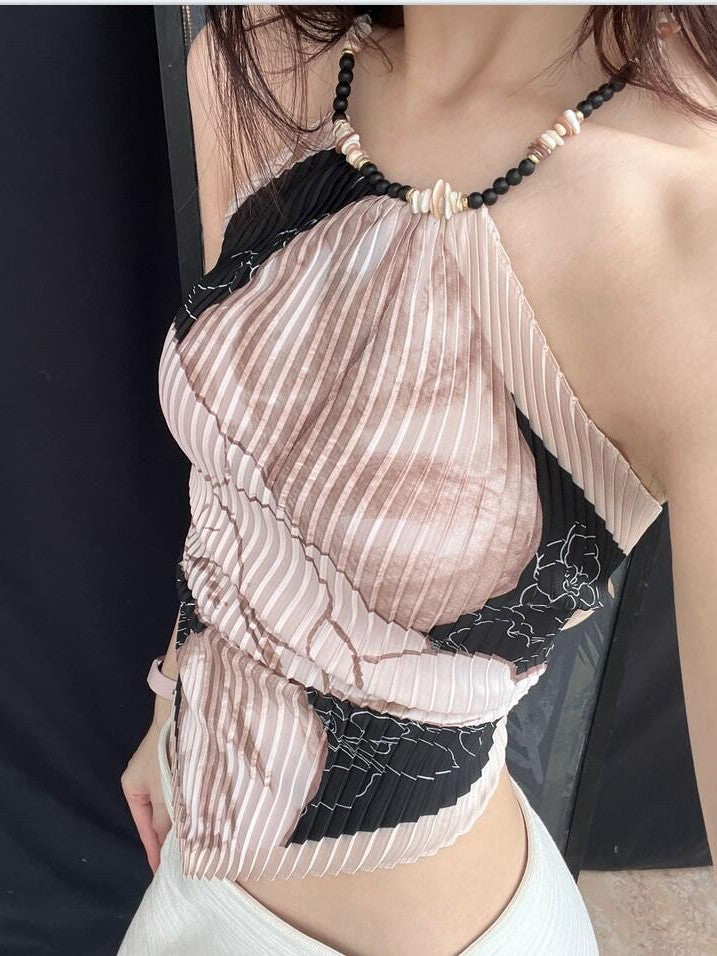 ANTIMOON Pink Black Printed Shell Bead Open Back Scarf Women's Polyester Halter Tops