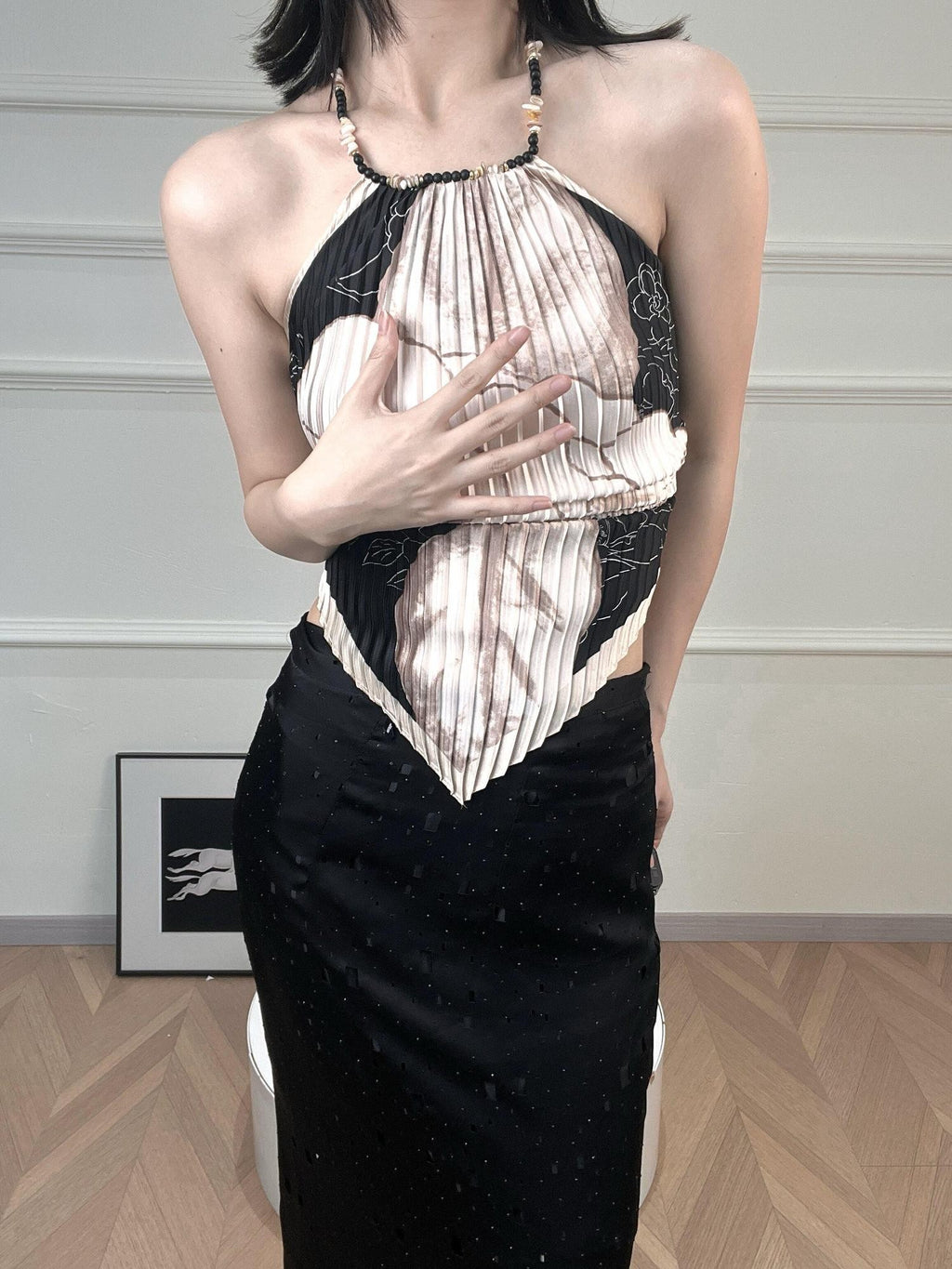 ANTIMOON Pink Black Printed Shell Bead Open Back Scarf Women's Polyester Halter Tops