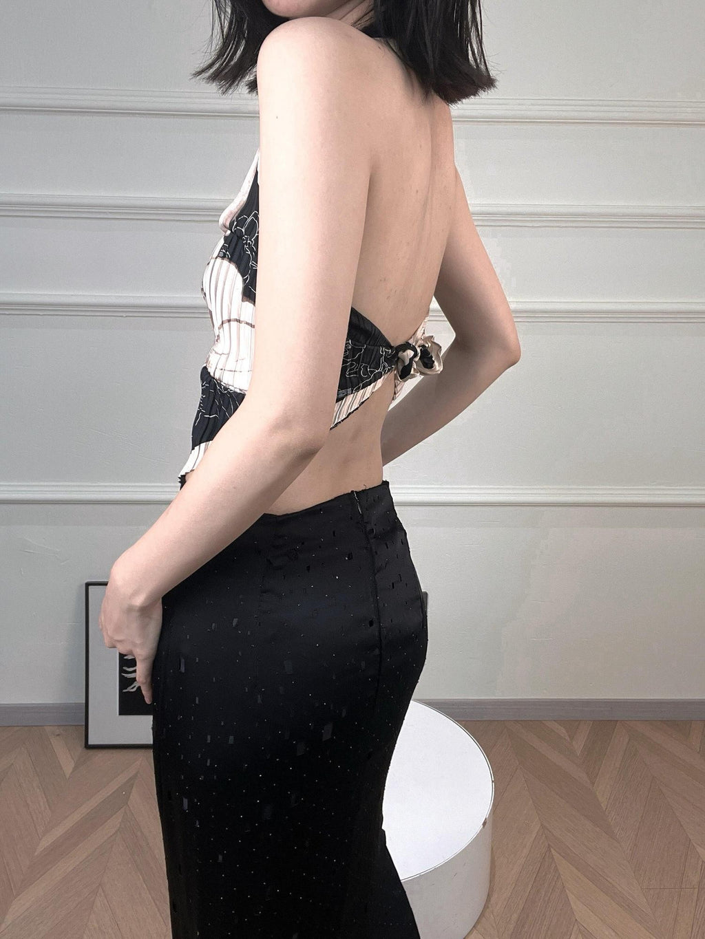 ANTIMOON Pink Black Printed Shell Bead Open Back Scarf Women's Polyester Halter Tops