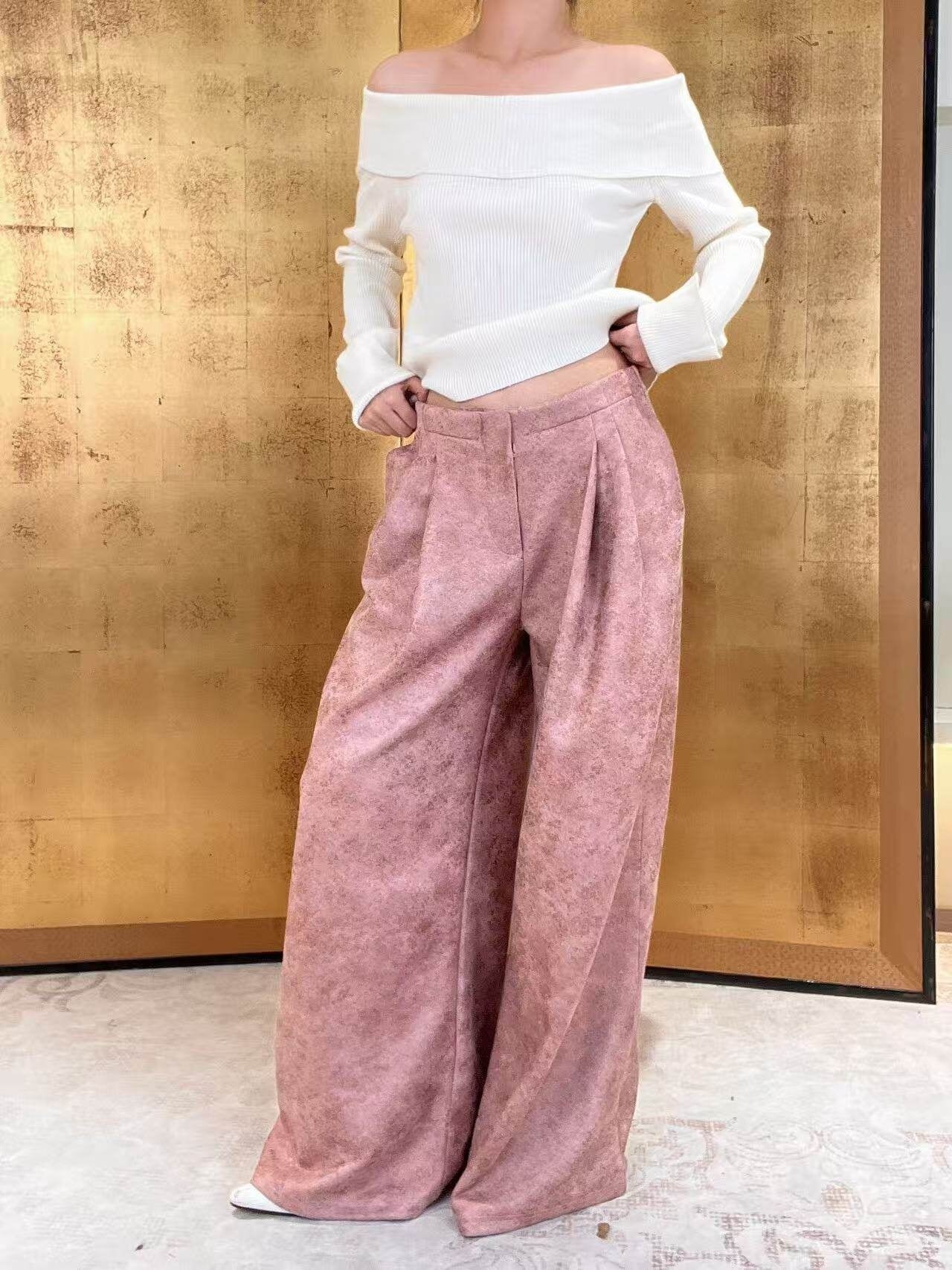 ANTIMOON_Pink_Coffee_Mottled_Suede_Drapey_Women's_Polyester_Palazzo_Pants_1019946927041_MISSTT