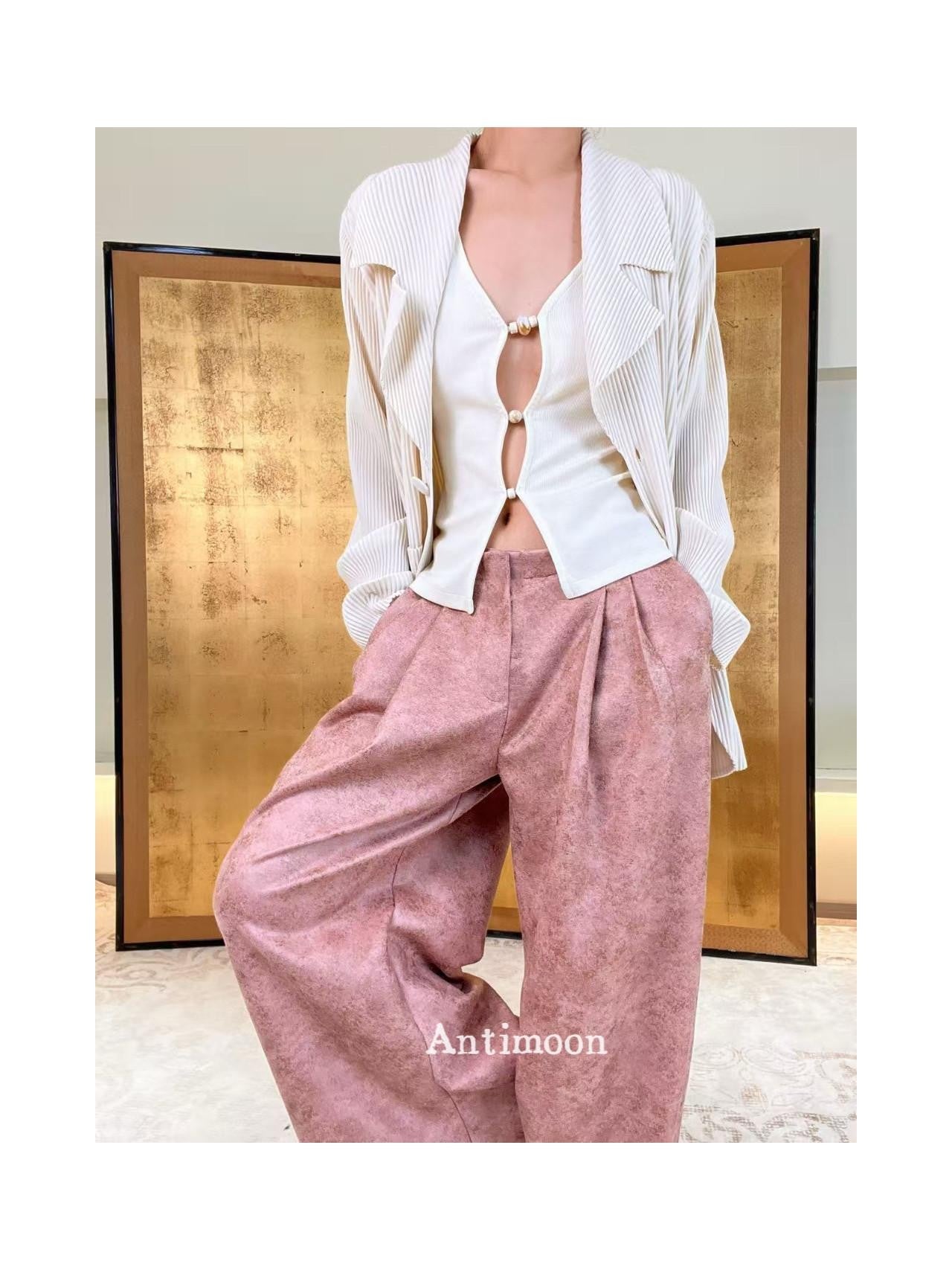 ANTIMOON Pink Coffee Mottled Suede Drapey Women's Polyester Palazzo Pants