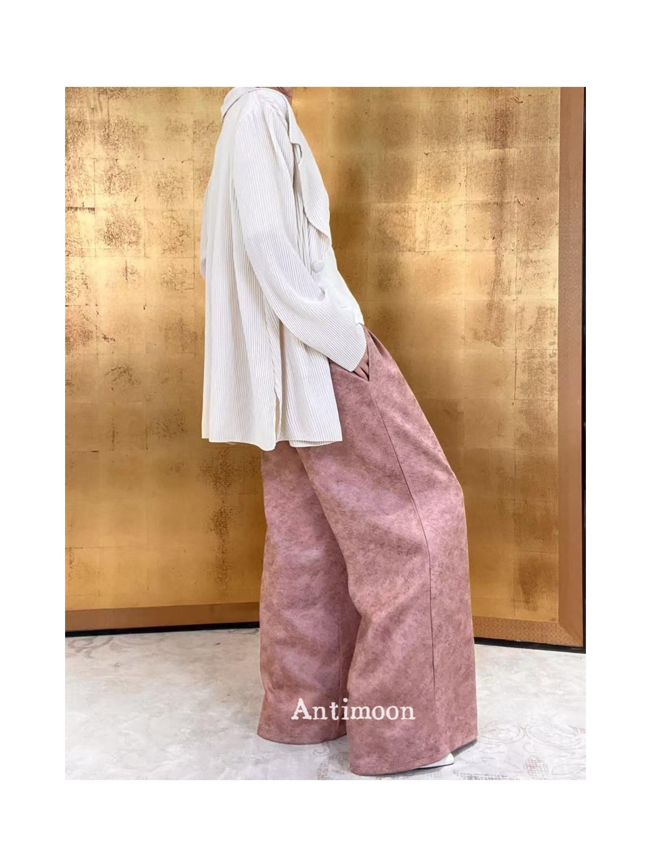 ANTIMOON Pink Coffee Mottled Suede Drapey Women's Polyester Palazzo Pants