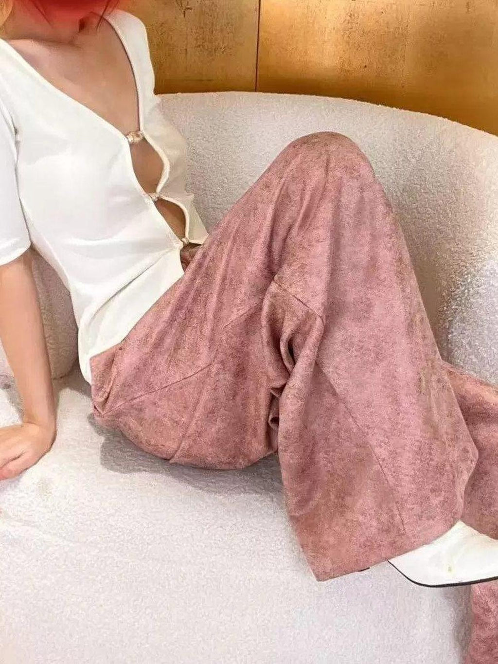 ANTIMOON Pink Coffee Mottled Suede Drapey Women's Polyester Palazzo Pants