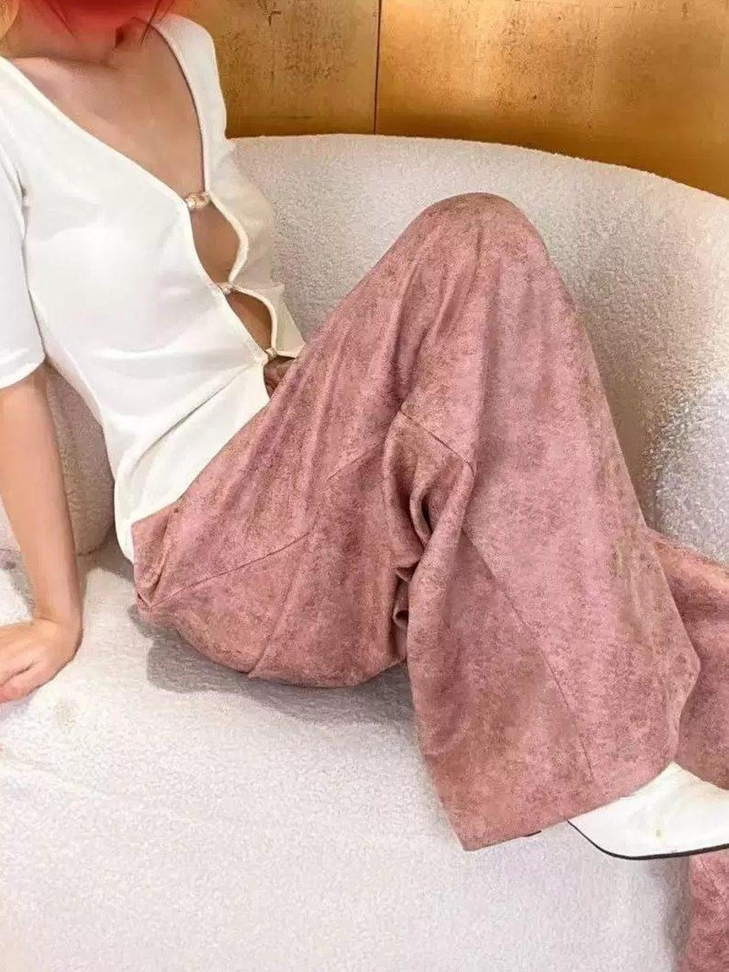 ANTIMOON Pink Coffee Mottled Suede Drapey Women's Polyester Palazzo Pants