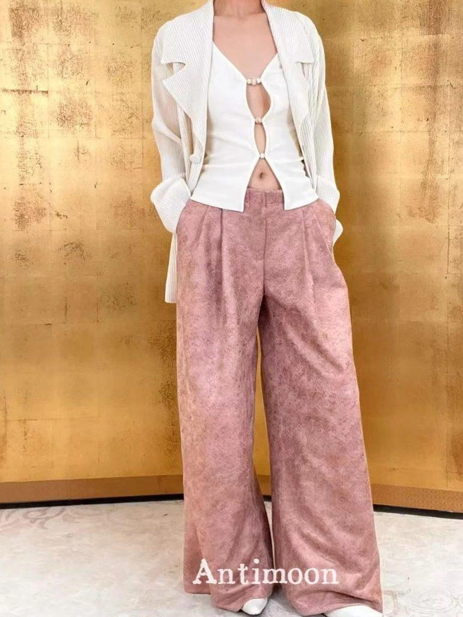 ANTIMOON Pink Coffee Mottled Suede Drapey Women's Polyester Palazzo Pants