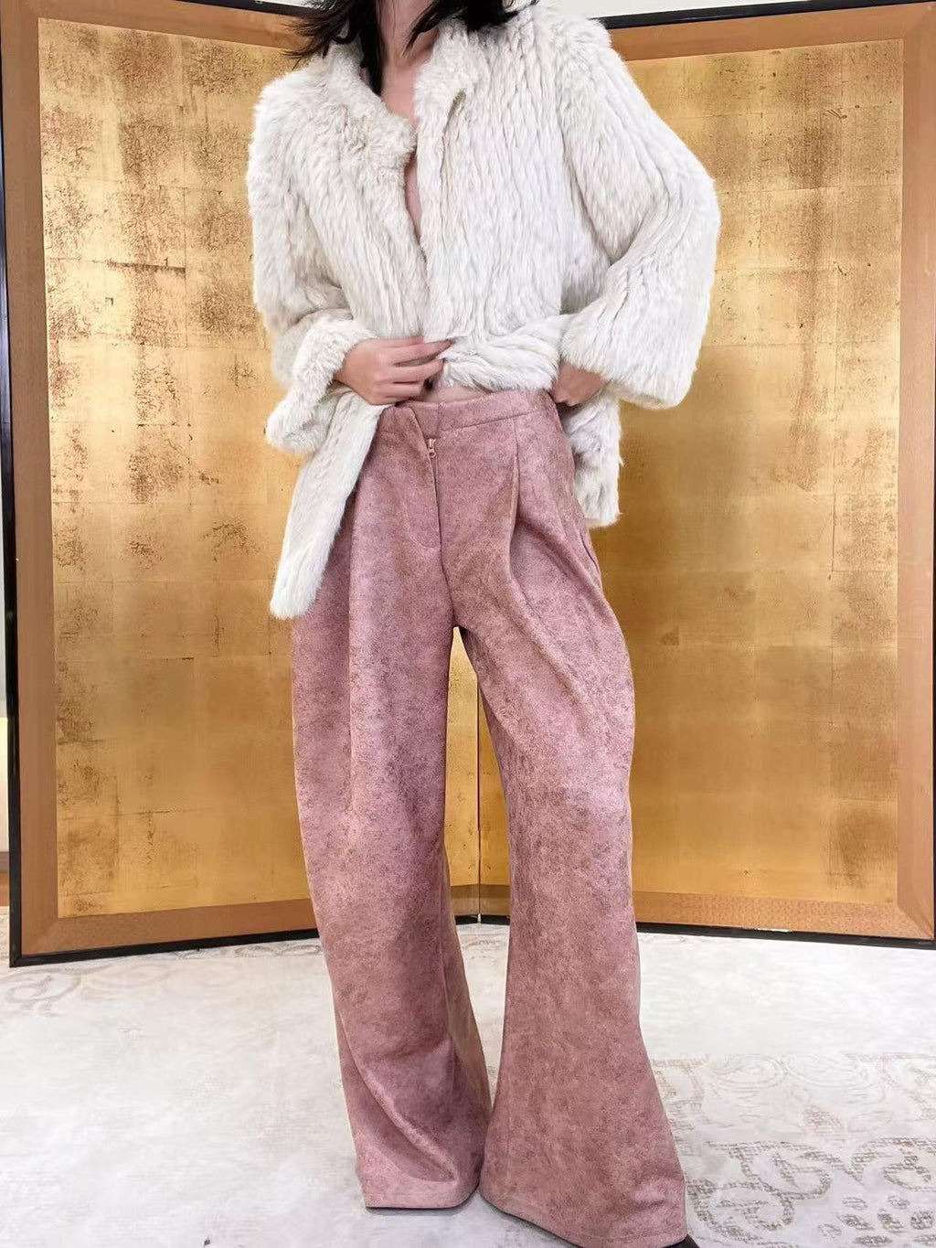 ANTIMOON Pink Coffee Mottled Suede Drapey Women's Polyester Palazzo Pants