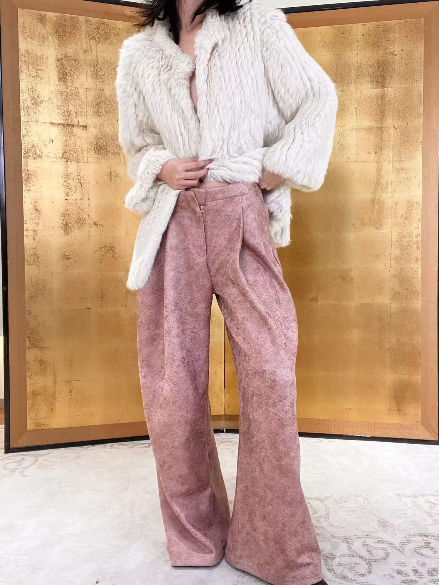 ANTIMOON Pink Coffee Mottled Suede Drapey Women's Polyester Palazzo Pants