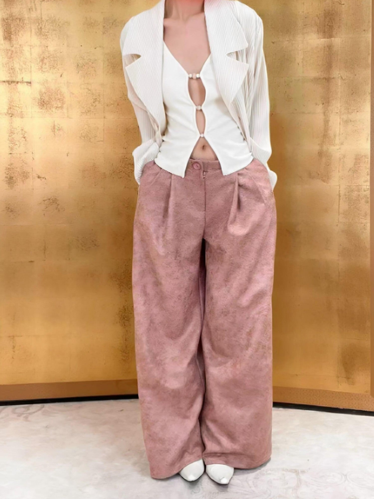 ANTIMOON Pink Coffee Mottled Suede Drapey Women's Polyester Palazzo Pants