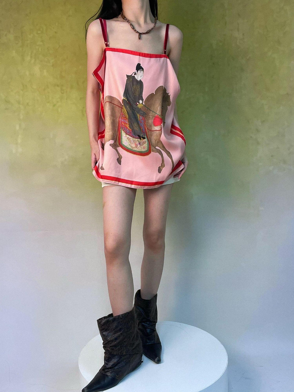 ANTIMOON Pink Reversible Chinese Print Loose U Neck Women's Polyester Camisoles
