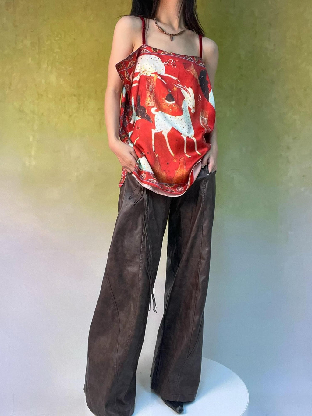 ANTIMOON Pink Reversible Chinese Print Loose U Neck Women's Polyester Camisoles