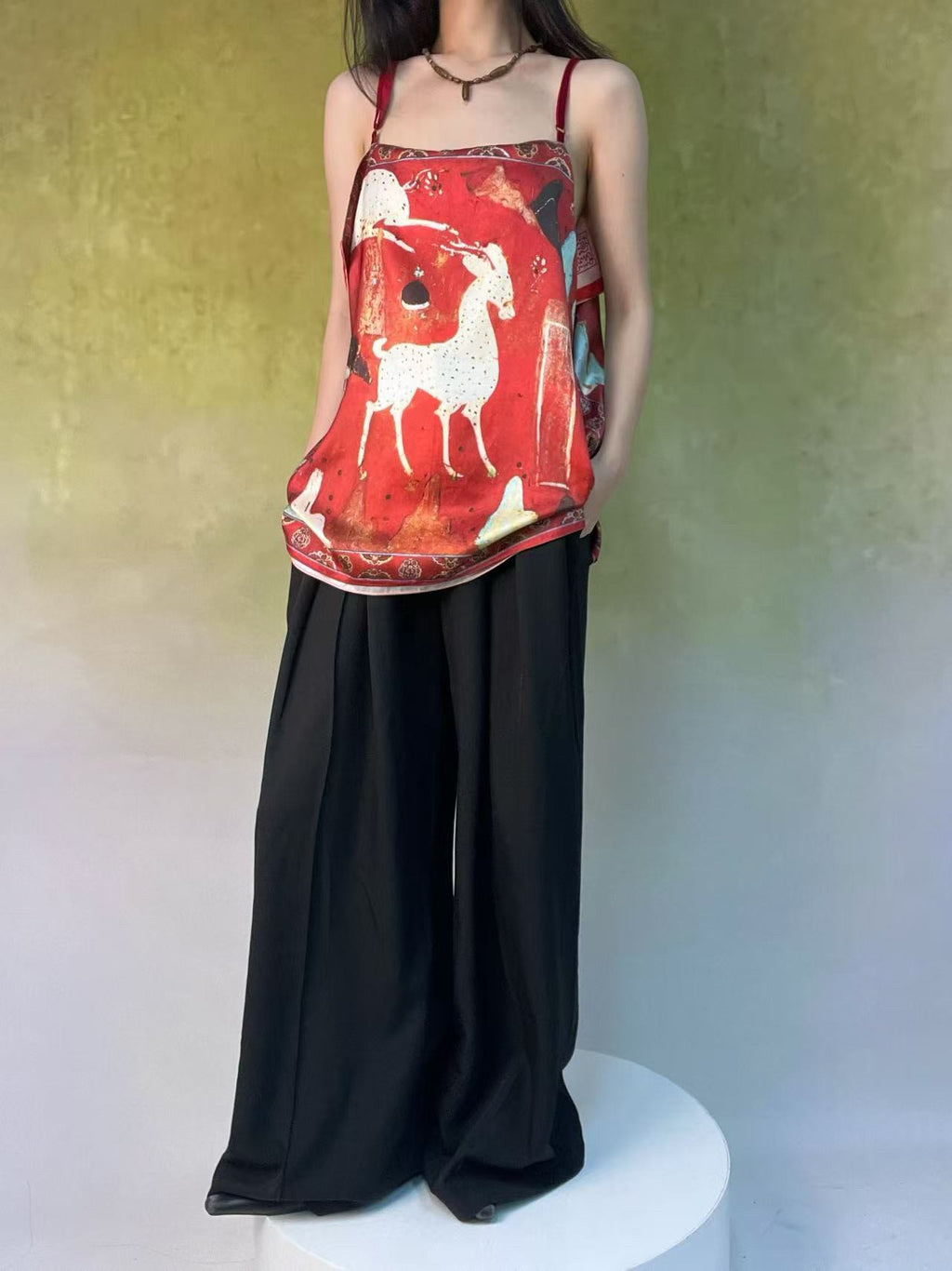 ANTIMOON Pink Reversible Chinese Print Loose U Neck Women's Polyester Camisoles