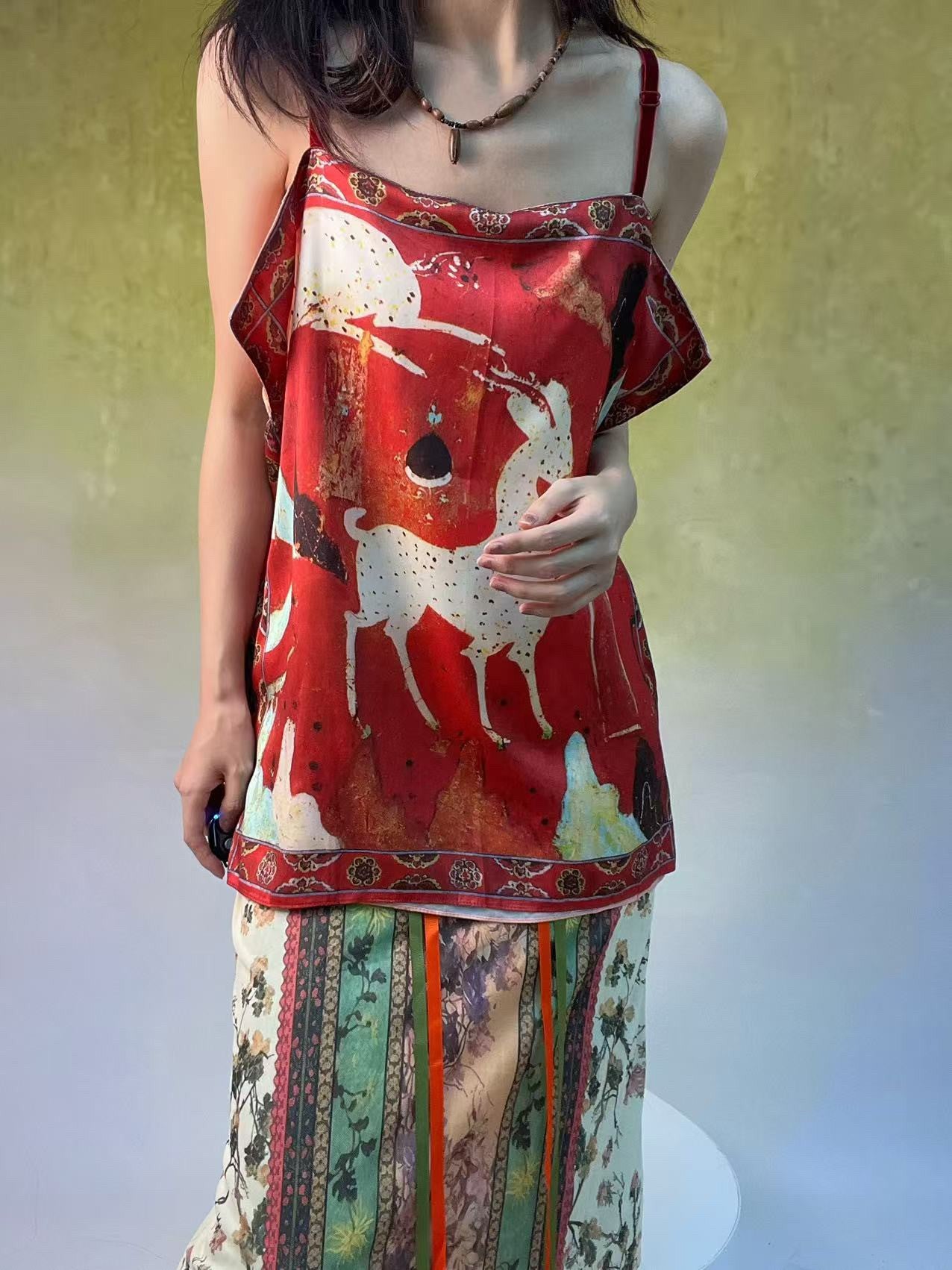 ANTIMOON Pink Reversible Chinese Print Loose U Neck Women's Polyester Camisoles