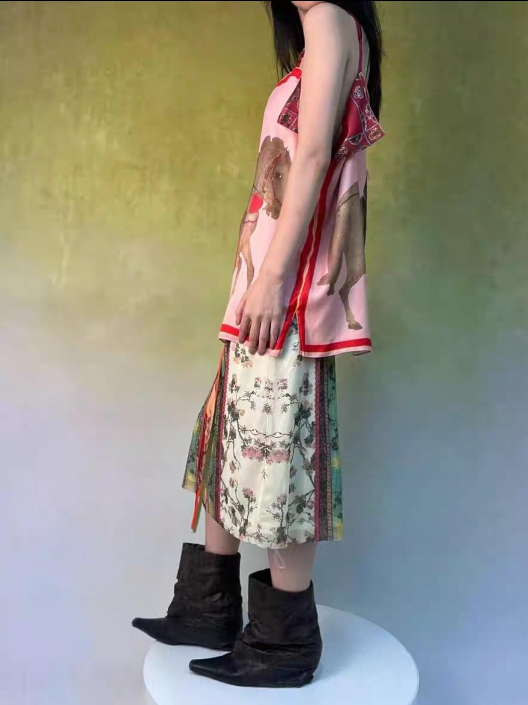 ANTIMOON Pink Reversible Chinese Print Loose U Neck Women's Polyester Camisoles