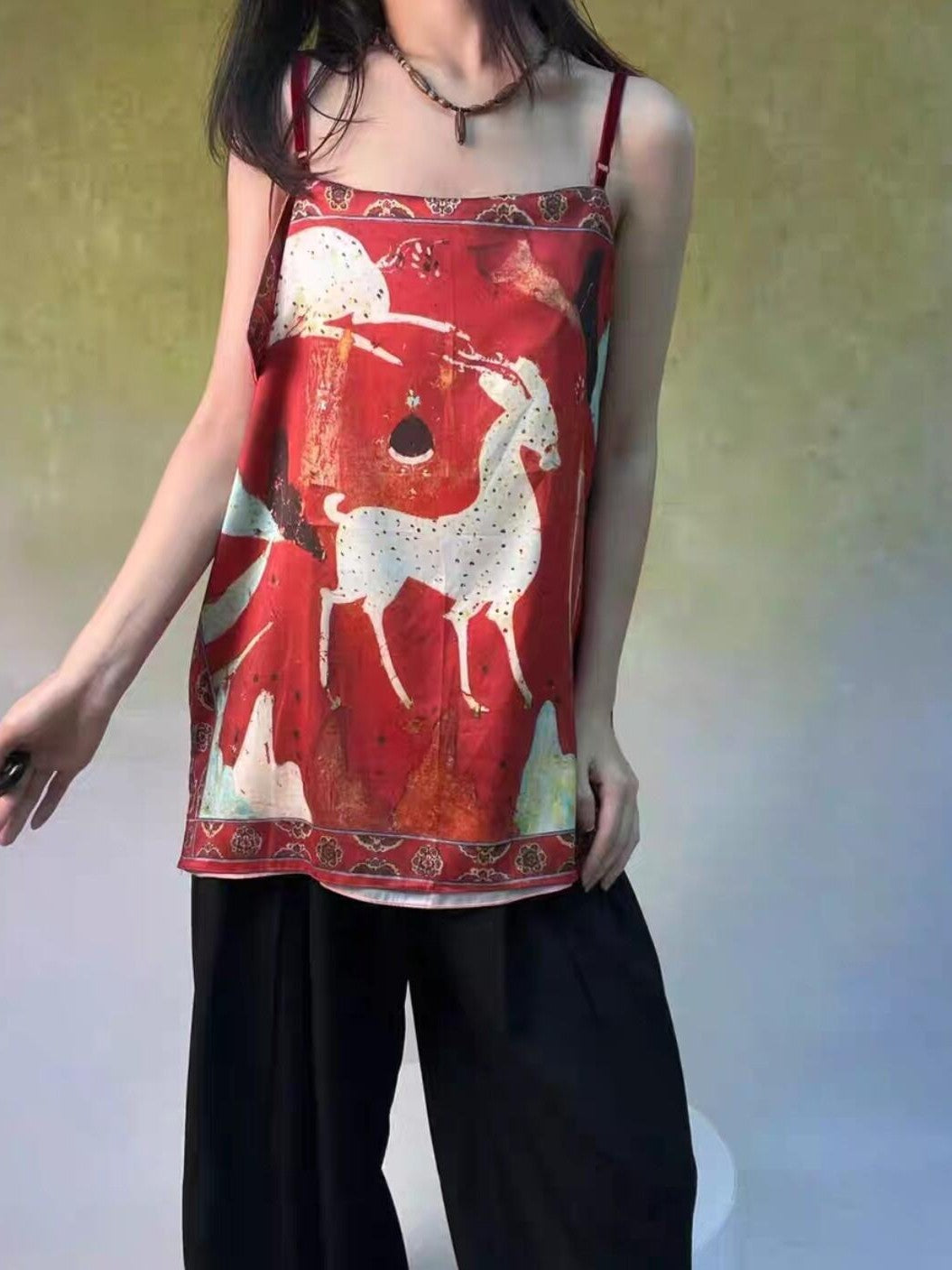 ANTIMOON Pink Reversible Chinese Print Loose U Neck Women's Polyester Camisoles