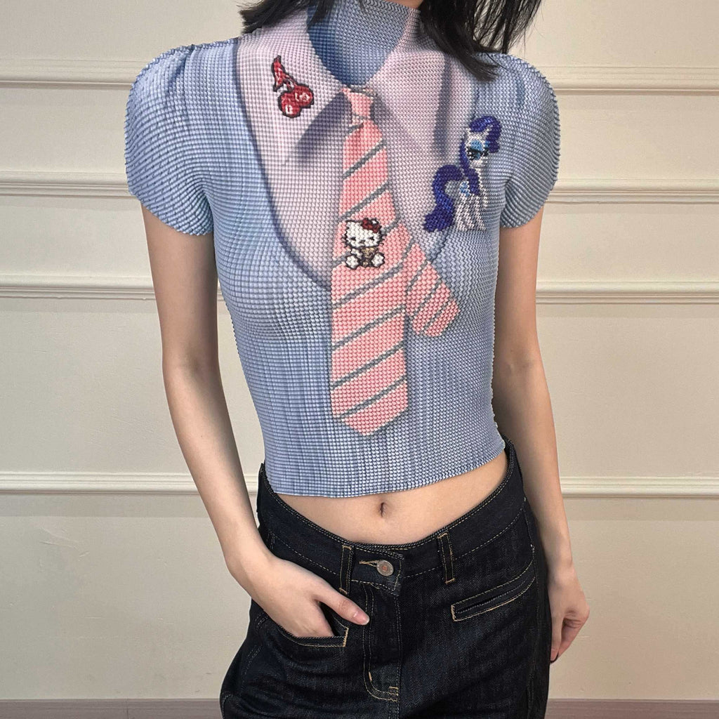 ANTIMOON_Pixel_Cartoon_Print_Ruched_Sleeves_Women's_Polyester_Short_Sleeve_T-shirts_1036560080210_MISSTT