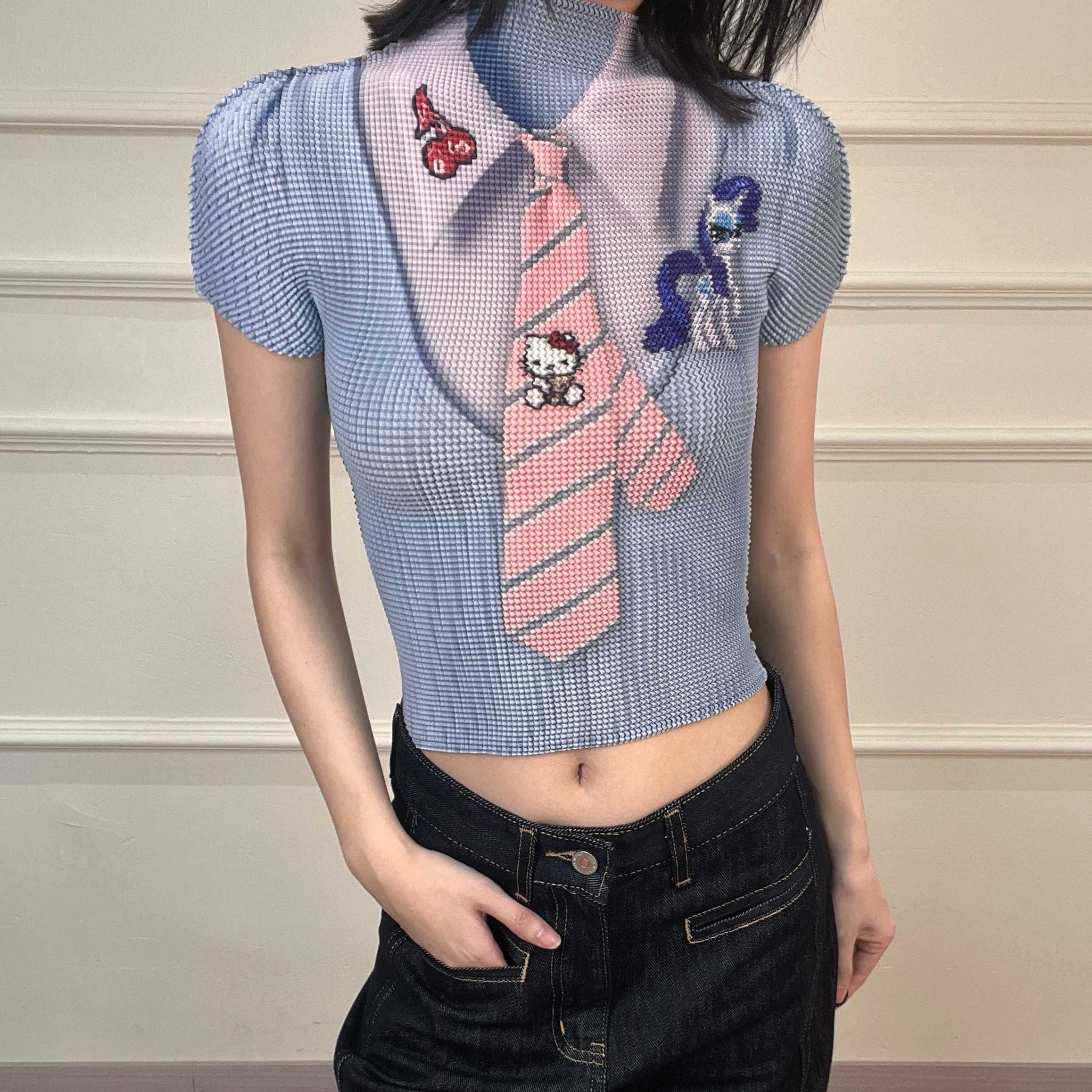 ANTIMOON_Pixel_Cartoon_Print_Ruched_Sleeves_Women's_Polyester_Short_Sleeve_T-shirts_1036560080210_MISSTT