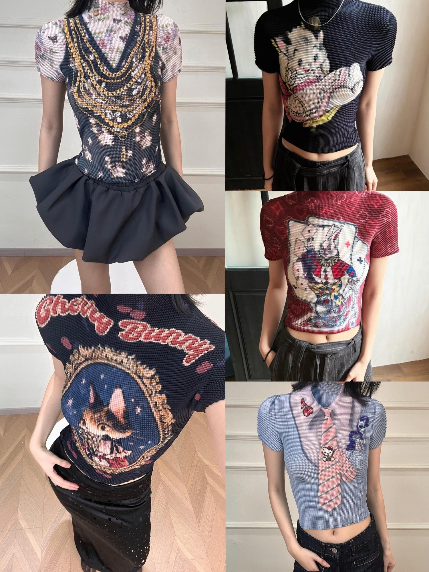 ANTIMOON Pixel Cartoon Print Ruched Sleeves Women's Polyester Short Sleeve T-shirts