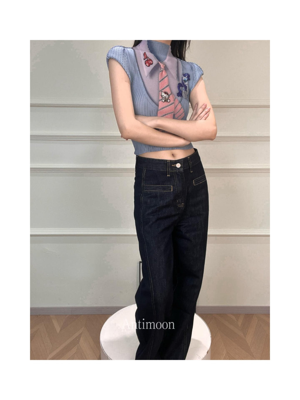 ANTIMOON Pixel Cartoon Print Ruched Sleeves Women's Polyester Short Sleeve T-shirts