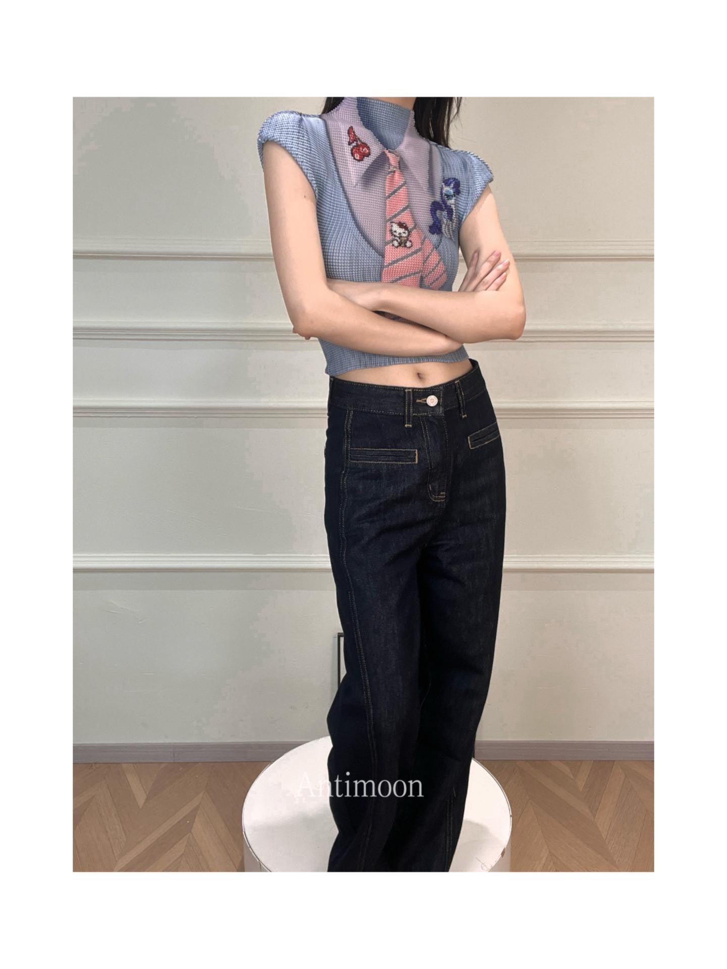 ANTIMOON Pixel Cartoon Print Ruched Sleeves Women's Polyester Short Sleeve T-shirts