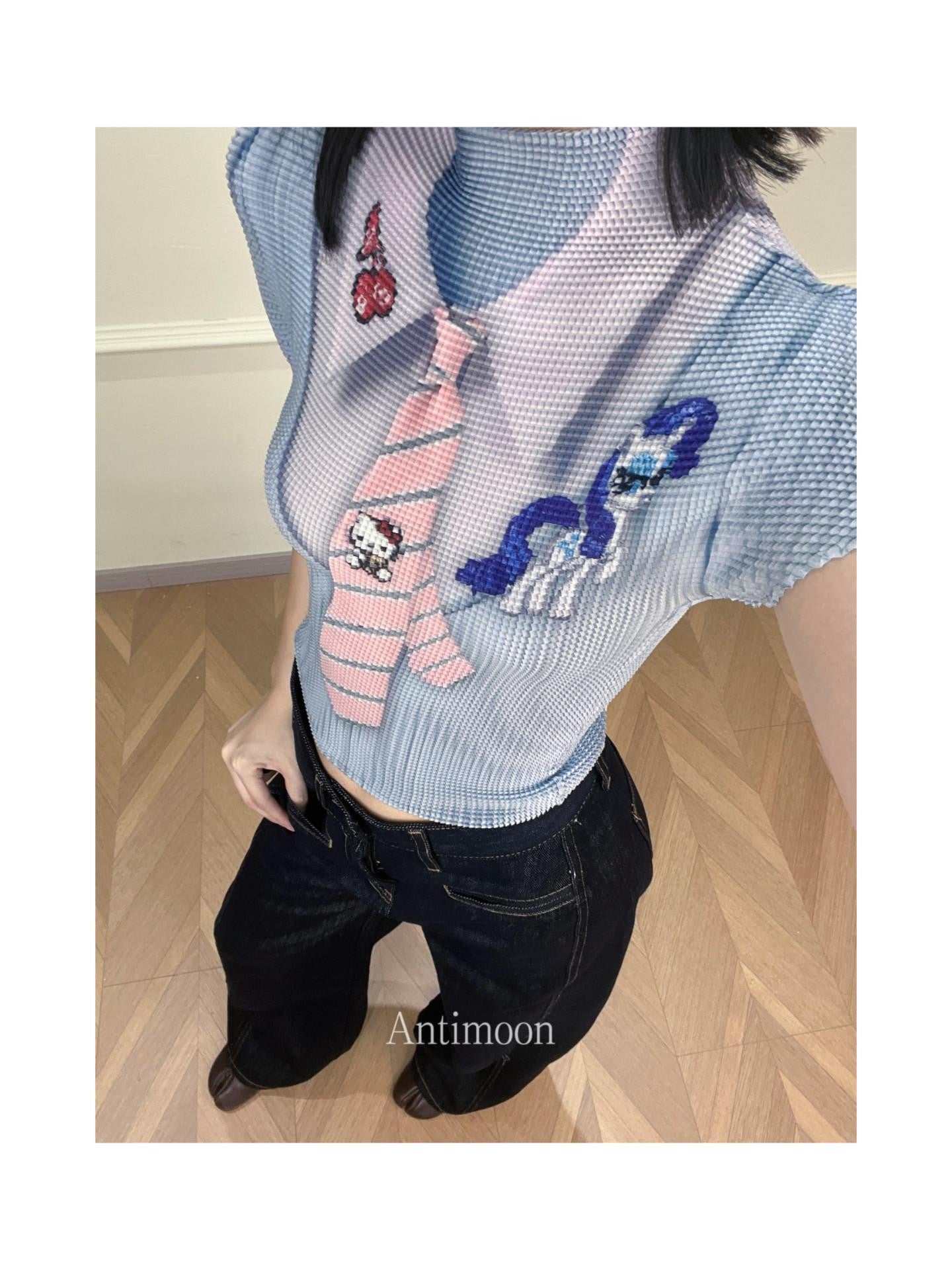 ANTIMOON Pixel Cartoon Print Ruched Sleeves Women's Polyester Short Sleeve T-shirts