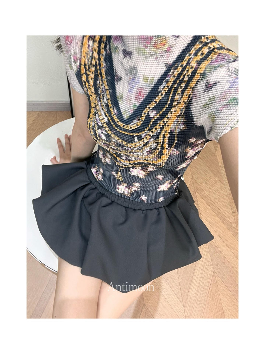 ANTIMOON Pixel Cartoon Print Ruched Sleeves Women's Polyester Short Sleeve T-shirts