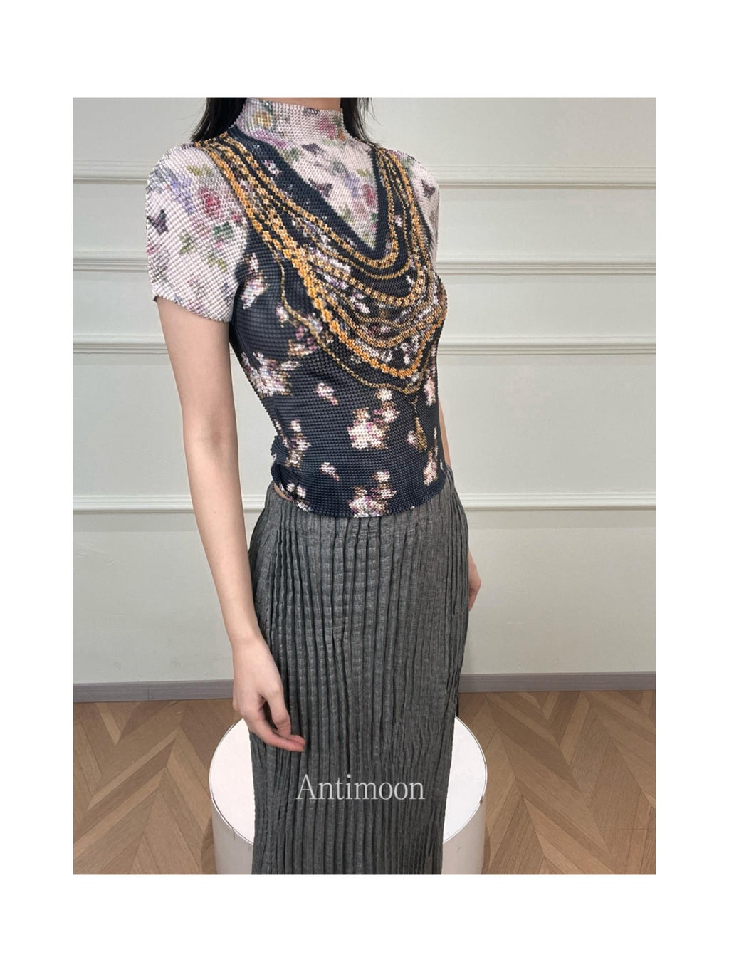 ANTIMOON Pixel Cartoon Print Ruched Sleeves Women's Polyester Short Sleeve T-shirts