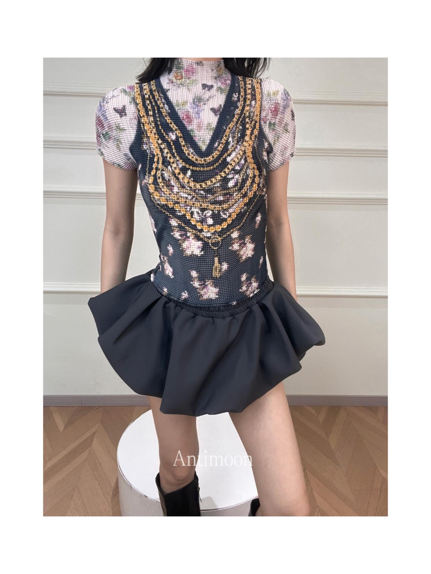ANTIMOON Pixel Cartoon Print Ruched Sleeves Women's Polyester Short Sleeve T-shirts