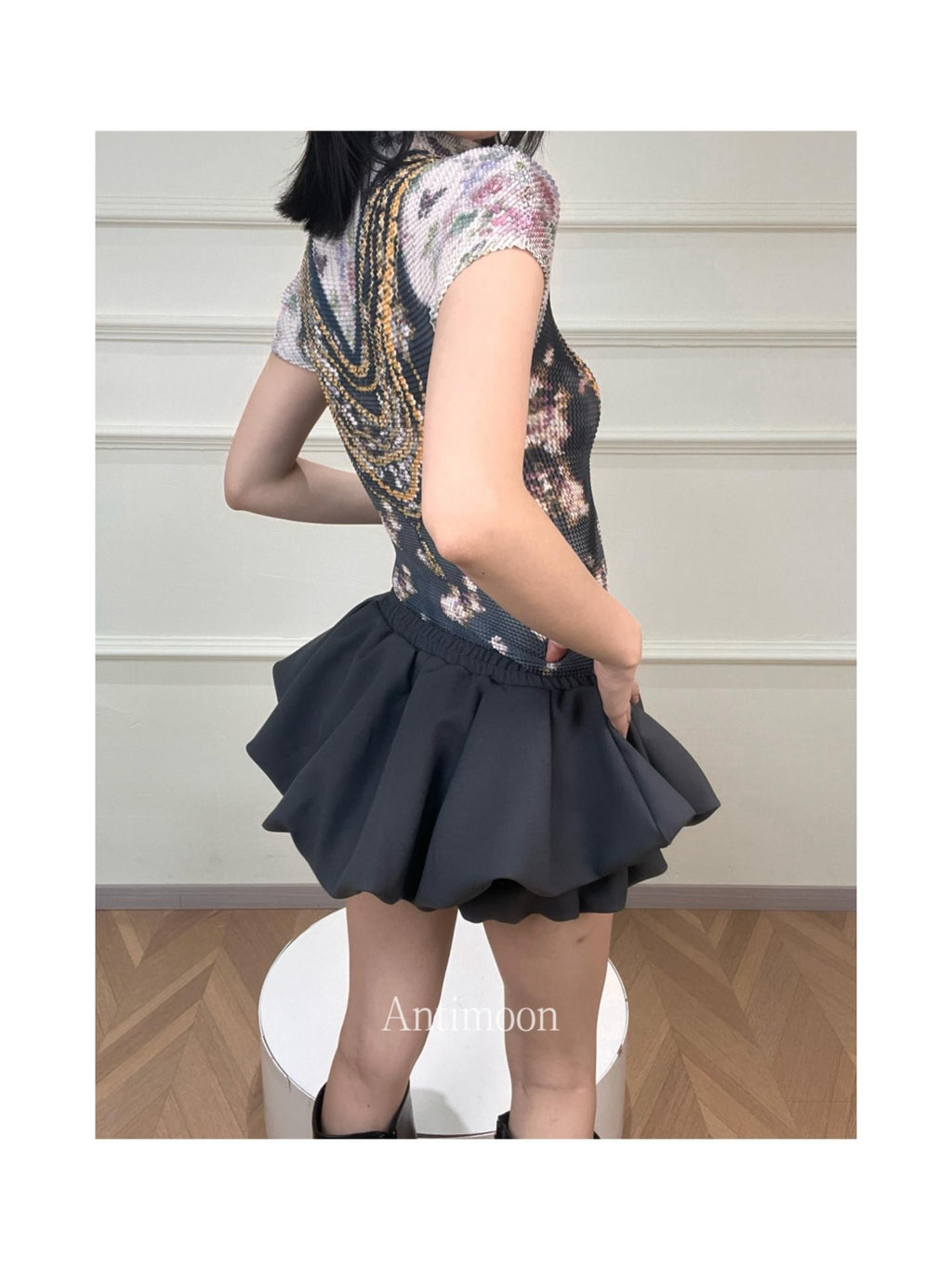ANTIMOON Pixel Cartoon Print Ruched Sleeves Women's Polyester Short Sleeve T-shirts