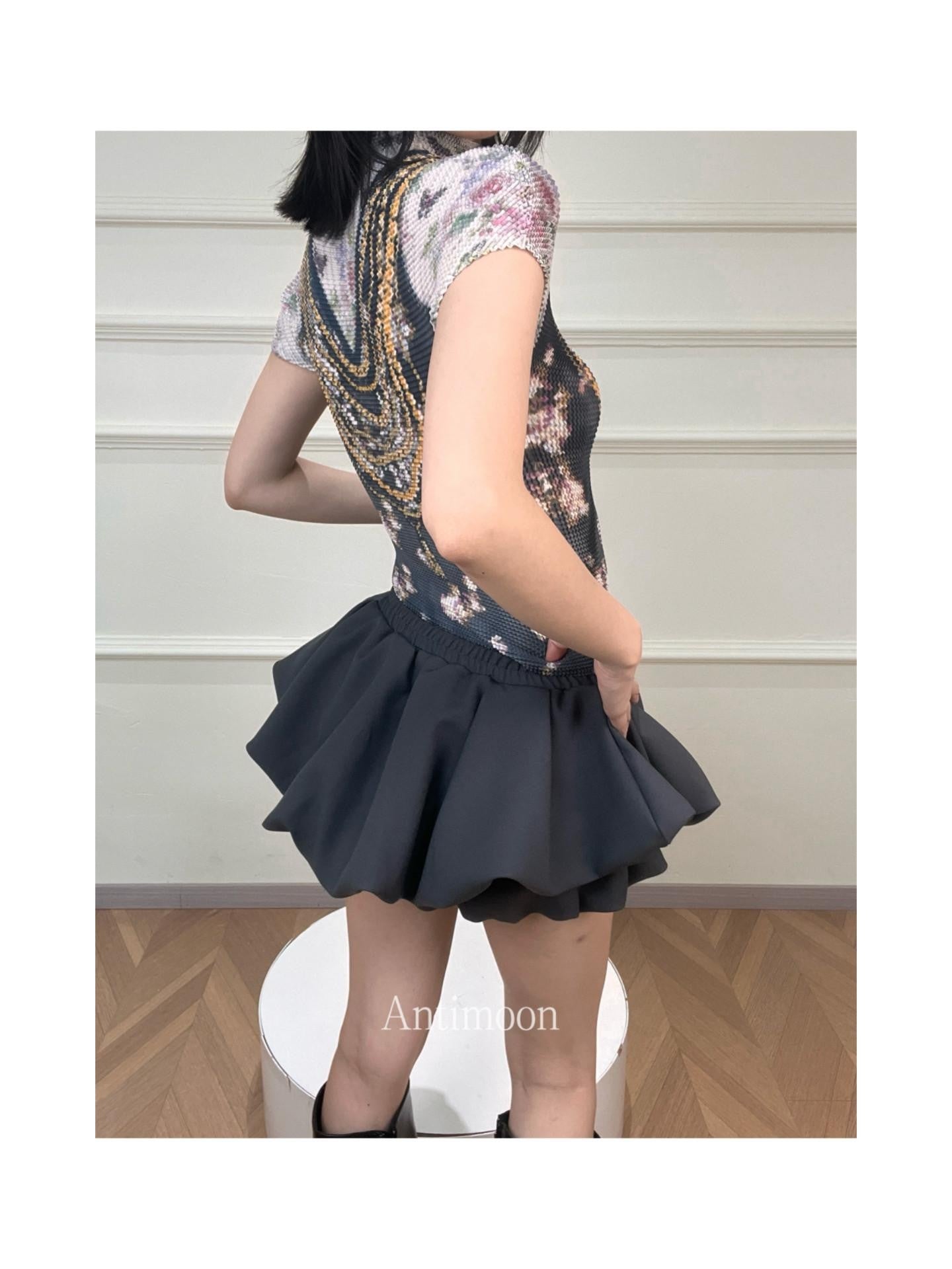 ANTIMOON Pixel Cartoon Print Ruched Sleeves Women's Polyester Short Sleeve T-shirts