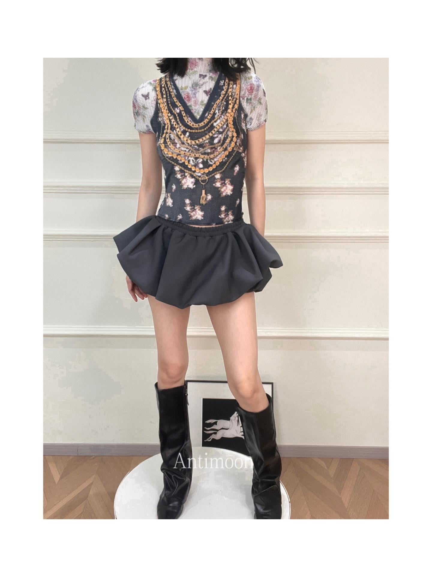 ANTIMOON Pixel Cartoon Print Ruched Sleeves Women's Polyester Short Sleeve T-shirts