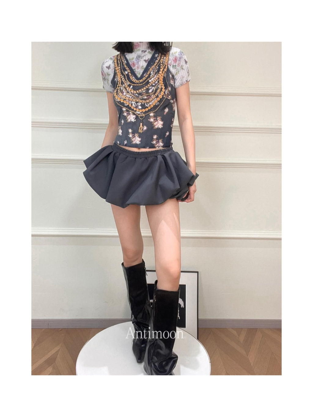 ANTIMOON Pixel Cartoon Print Ruched Sleeves Women's Polyester Short Sleeve T-shirts