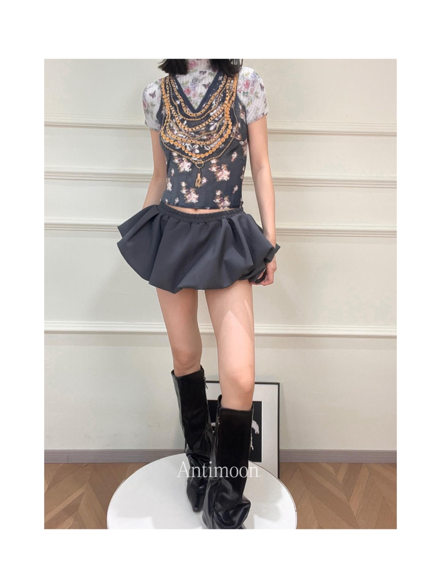 ANTIMOON Pixel Cartoon Print Ruched Sleeves Women's Polyester Short Sleeve T-shirts